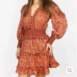 House of‎ Harlow 1960 Rust Ruffle Mini Dress Large Smocked Waist Boho Floral NWT